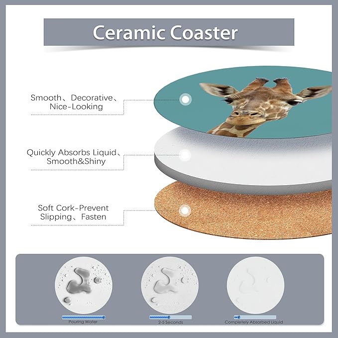 6 Pcs Coasters for Drinks with Holder,Funny Giraffe Absorbent Coaster with Cork Backing,Great Gift for Housewarming,Room Decor,Bar,Holiday Party