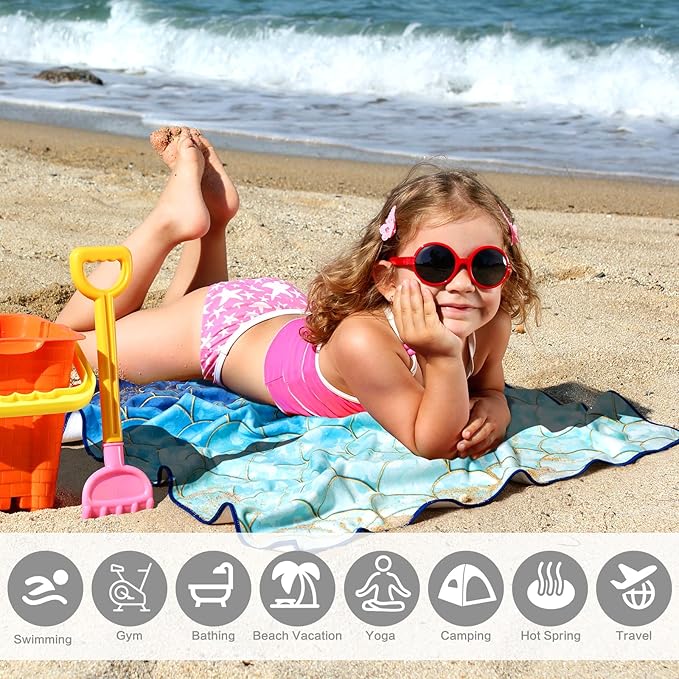 Ombre Blue Beach Towel, Mermaid Beach Tower Cotton Blend Soft Velour Beach Towel Absorbent Bath Towel for Kids Boys Girls Teens Men Women Camping Towel,Gym,Hiking, Pool, Bath, Yoga,Travel Vacation