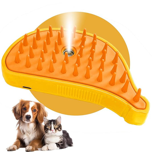 3 in 1 Self-Cleaning Steamer for Cats, Dogs, and Pets - Grooming Brush for Removing Tangled and Loose Fur (Yellow Banana)