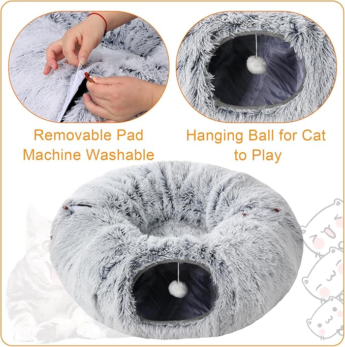 Cat Tunnel Bed for Indoor Cats,Warm Plush Cat Play Tunnel with Central Mat, Cat Calming Cave with Hanging Ball & 2 Peepholes,S-Shape Cat Tube and Cat Donut Tunnel (Grey)