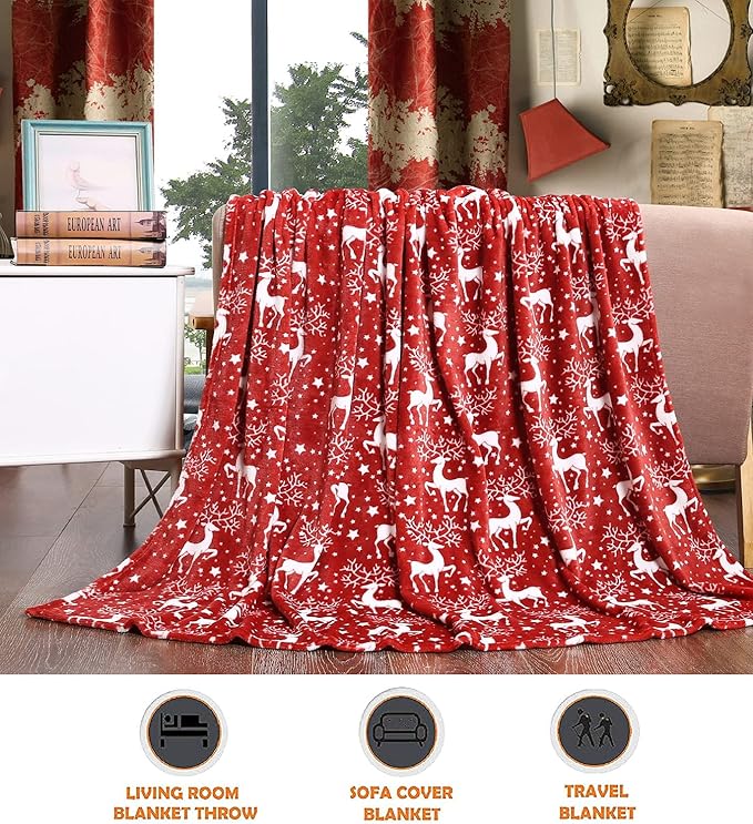Elegant Comfort Luxury Velvet Super Soft Christmas Prints Fleece Blanket-Holiday Theme Home Décor Fuzzy Warm and Cozy Throws for Winter Bedding, Couch and Gift, 50 x 60 inch, Red Reindeer