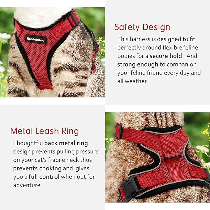 rabbitgoo Cat Harness and Leash for Walking, Escape Proof Soft Adjustable Vest Harnesses for Cats, Easy Control Breathable Reflective Strips Jacket, Red, S