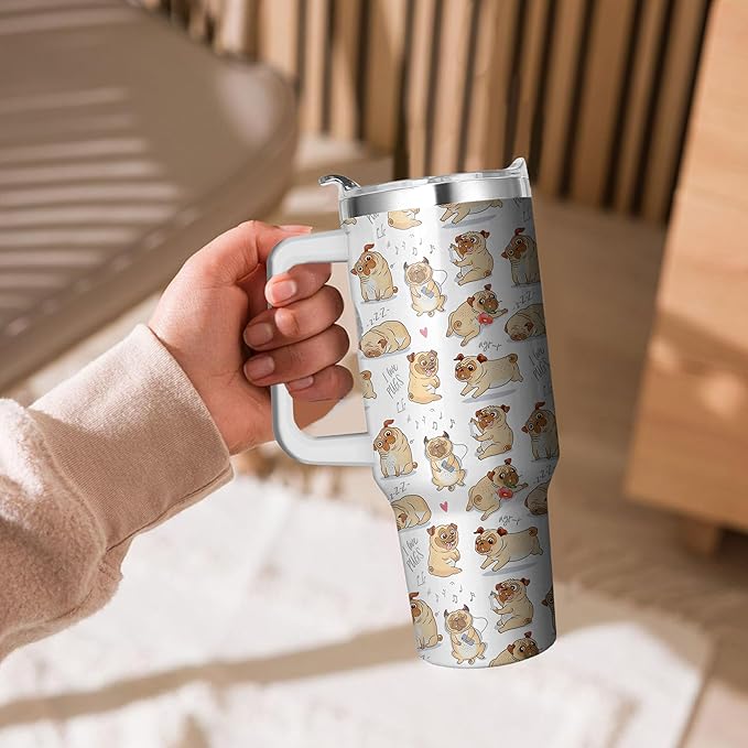 40 Oz Tumbler With Handle and Straw, Double Wall Stainless Steel Pug Coffee Cup, Insulated Mug for Dog Lovers, Dad or Mom Tumbler, Pug Gifts for Women and Men