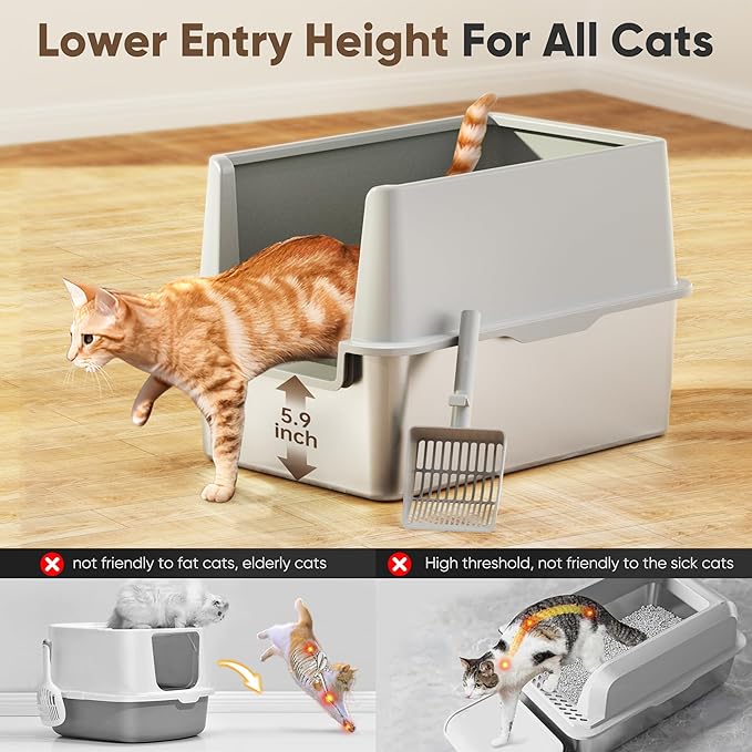 16" High Sides Stainless Steel Litter Box with Lid, XL XXL Extra Large Enclosed Metal Litter Box for Big Cats & Kitty, Never Absorbs Odors, Non-Sticky, Anti-Urine Leakage, Easy Cleaning
