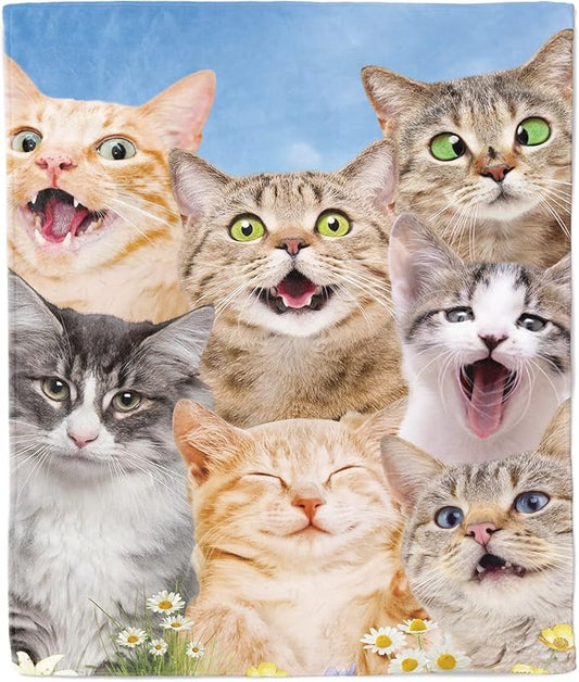 Cartoon Selfie Cat Flannel Fleece Bed Blanket, Kitten Fleece Throw Blanket for Cat Lovers, Cat Blankets for Women, Men and Kids Super Soft Plush Cat Blanket Throw for Sofa Couch Bedroom(60" X 80")