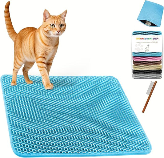 2025 𝗡𝗘𝗪 Waterproof Cat Litter Mat | Double Layer EVA, Odor-Free Large Grid | Urine Proof & Easy Cleanup | Soft on Paws | Versatile Design for Litter and Feeding (Blue, 12×12)