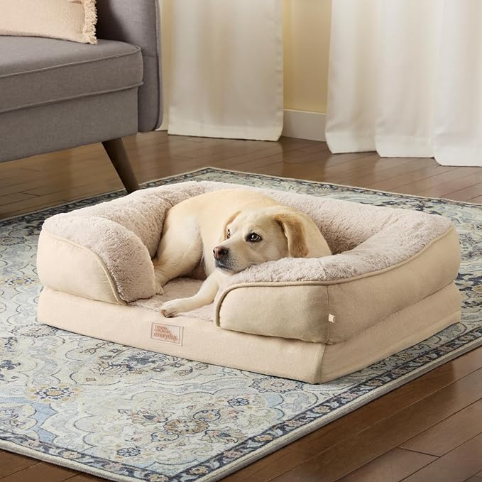 TOWN & COUNTRY EVERYDAY CuddleTown Comfy Solid Bolster Sofa Pet Bed, Supportive & Calming Egg Crate Foam, Water Repellent, Non-Slip Bottom, Machine Washable Cover, Cream, Medium 28"x23"x8"
