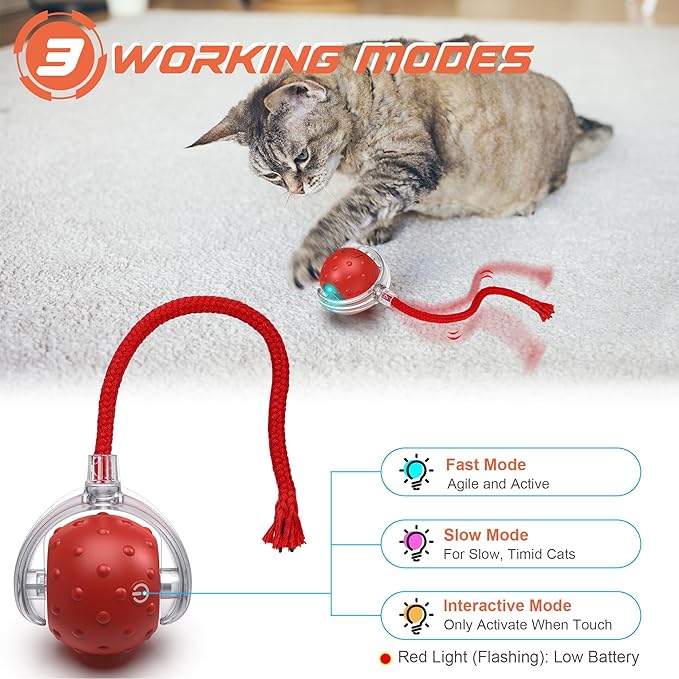 IOKHEIRA Interactive Cat Toys Ball, Motion Activate Electric Cat Toy, Automatic Pet Exercise Toys, Simulate Bird Calls, USB Rechargeable (Long Tail)