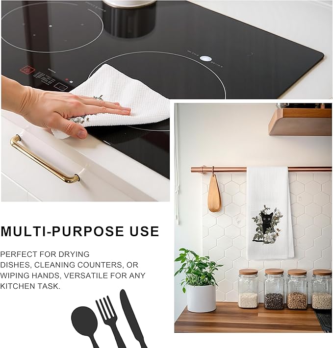 Black Cat Kitchen Towels, Floral Cat Hand Towels for Bathroom, Cat Dish Towels for Kitchen, Cat Towels for Cat Lovers, Black Cat Gifts, Cat Mom Gifts, Black Cat Decor, 16x24 Inch