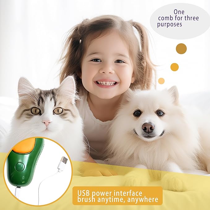 3 in 1 Self-Cleaning Steam Brush for Cats, Dogs, and Pets - Grooming Tool for Removing Tangled and Loose Fur (Green Avocado)