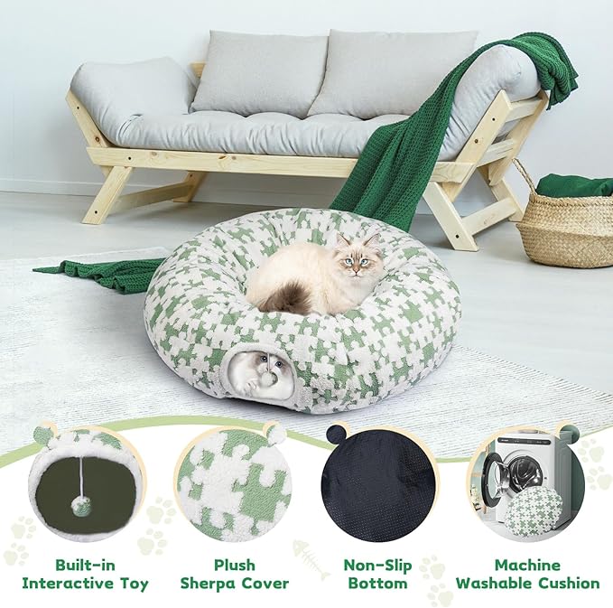 Cat Tunnel Bed Cat Cave for Cats Indoor, Maansfy Large Peekaboo Cat Cave Donut Tunnel Interactive Cat Toy Multifunctional Round Pet Play Tunnel Tube for Kitten Medium Large Cat - Green