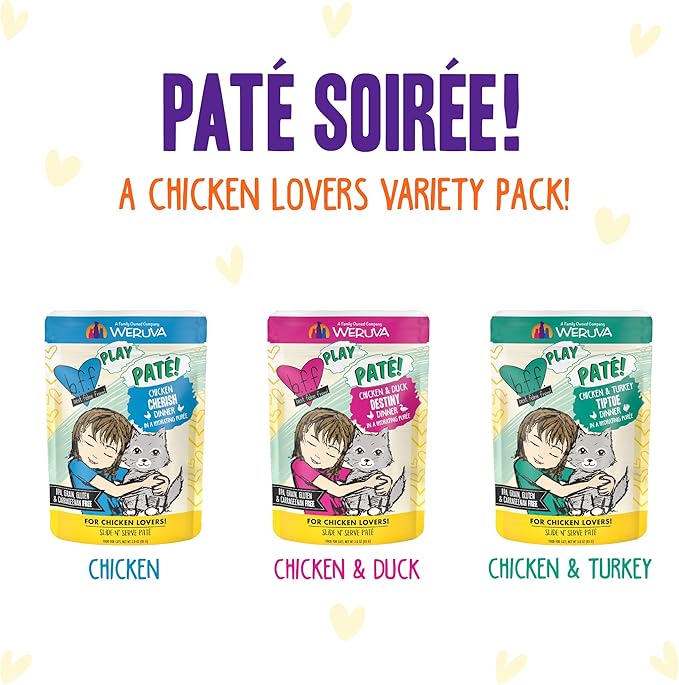 Weruva B.F.F. Play - Best Feline Friend Paté Lovers, Aw Yeah!, Paté Soiree! Variety Pack, 3oz Pouch (Pack of 12)