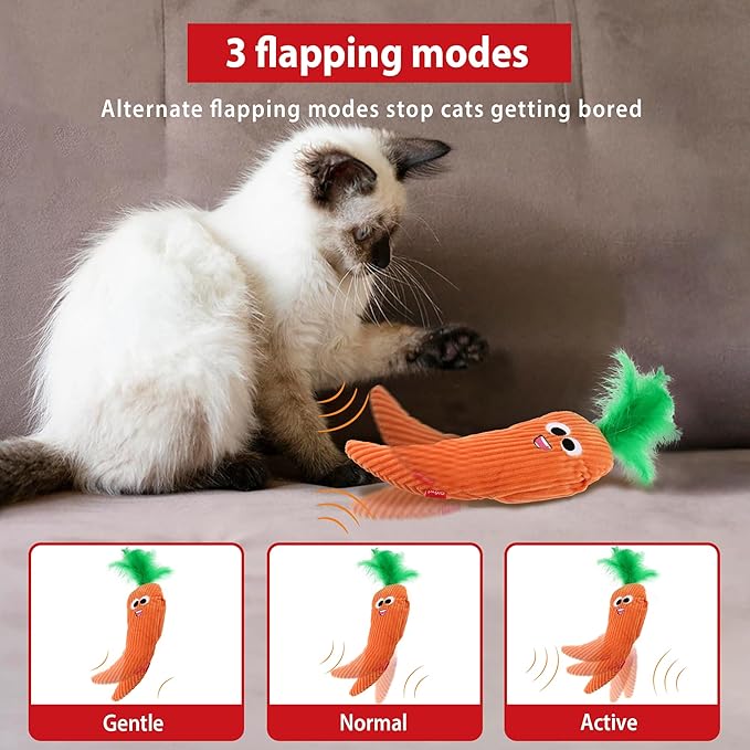 Gigwi Interactive Cat Toys, Rechargeable Flapping Carrot with SilverVine Catnip, Beating Tails Cat Toys for Indoor Cat, Touch Activated Best Gift For Birthday, Thanksgiving, Christmas, New Year