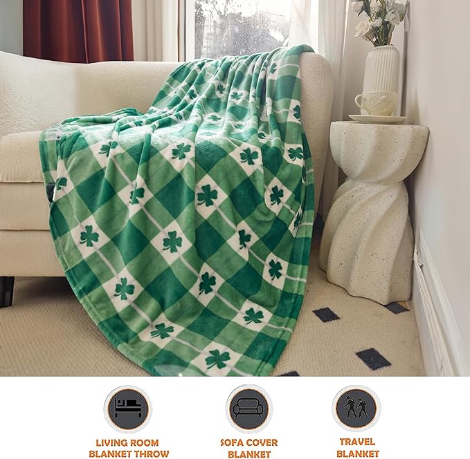 Elegant Comfort Luxury Velvet Super Soft Irish Green Clover Shamrock Print Fleece Blanket-St Patricks Day Theme Décor Fuzzy Warm and Cozy Throws for Couch and Gift, 50 x 60 inch, Lucky Plaid Clover