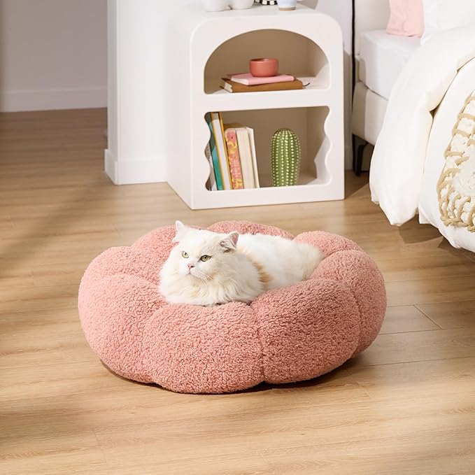 Lesure Calming Cat Beds for Indoor Cats - Cute Flower Pet Beds in Teddy Sherpa Plush, Donut Round Fluffy Puppy Bed, Non-Slip Extra Small Dog Bed Fits up to 15 lbs, Machine Washable, Pink 20"