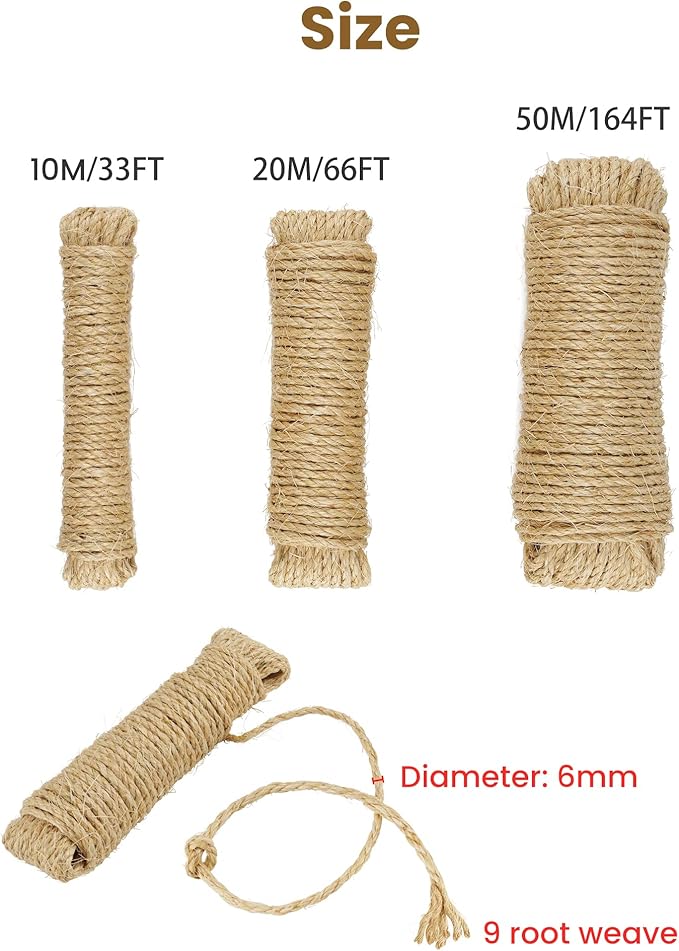 Sisal Rope for Cat Scratcher, Pettom Cat Scratching Post Replacement Natural Hemp Rope Sisal Replacement Rope for Cat Tree 1/4 inch Diameter 33FT
