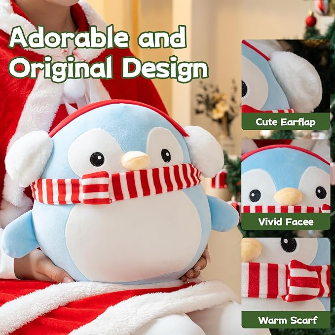 Christmas Penguin Plush with Scarf and Earflap Cute Penguin Plushie for Kids Boys Girls Blue 12 inch