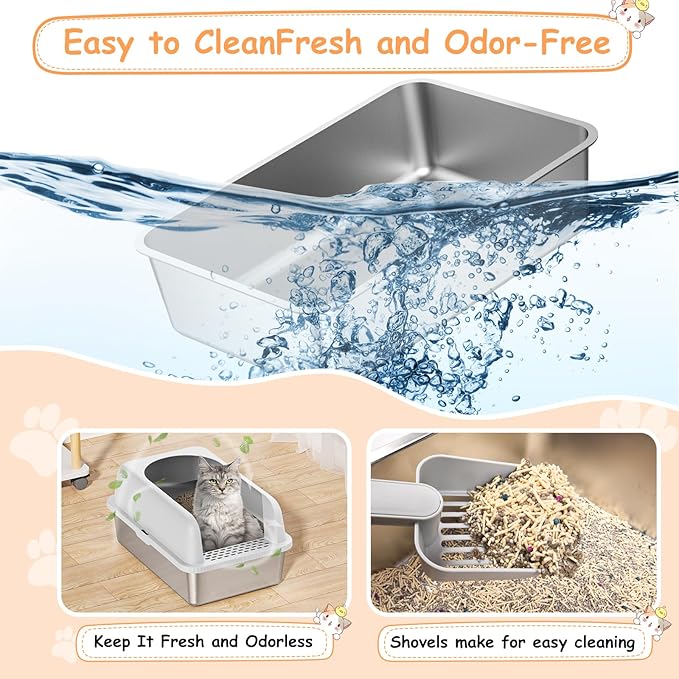 2 Pack Stainless Steel Cat Litter Box, 24'' XL Extra Large Cat Litter Box with Lid, Metal Litter Box for Multiple Cats, Anti-Leakage,Non-Stick, Easy to Clean, Included Cat Litter Mat, Scoop