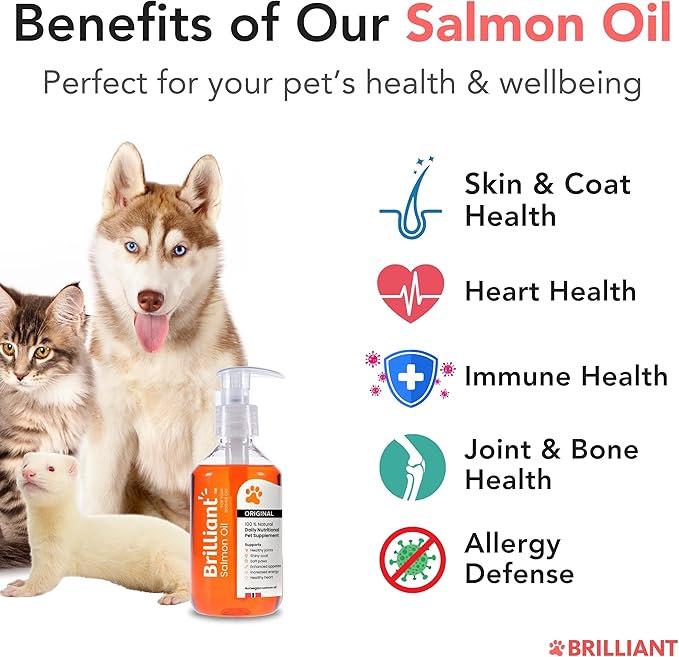 Brilliant Salmon Oil for Dogs, Cats & Puppies | Omega 3 Fish Oil Liquid Supplement with DHA, EPA Fatty Acids | Supports Skin and Coat, Immune System & Joint Function | Hofseth BioCare (34oz)