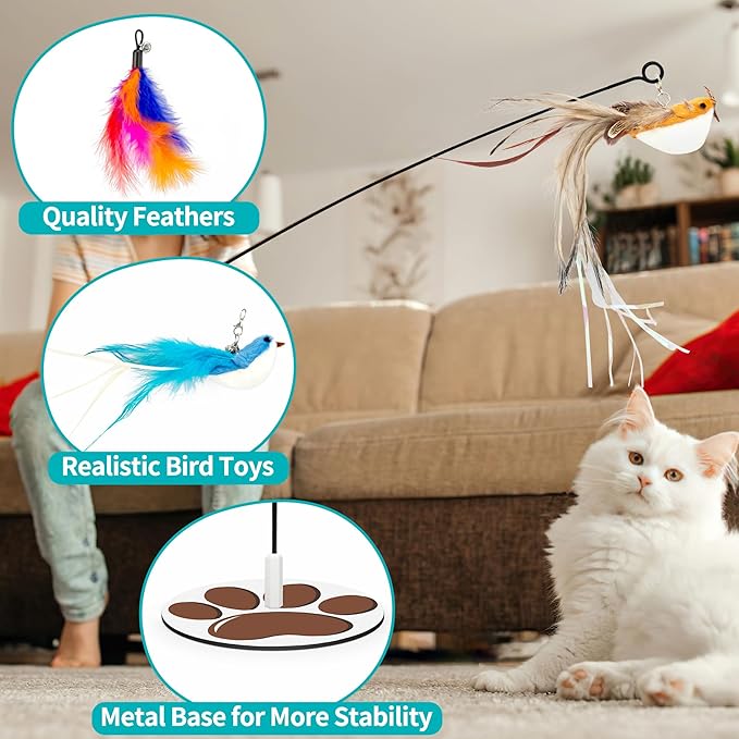Interactive Cat Toy for Indoor,Metal Base Cat Toy,Cat Wand Toy Bird Simulation Toys Feather Toy 6 PCS Cat Toy Set