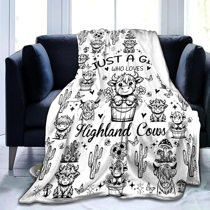 Highland Cow Gifts Sunflower Highland Cow Print Blanket Throw Plush Stuff Cute Animal Butterfly Gifts for Girls Kids Women Adults Highland Cow Lovers Birthday Decorations 60"X50"