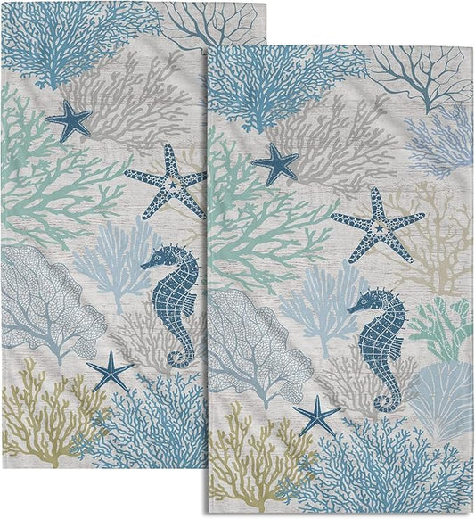Blue Coral Hand Towels Set of 2 Sea Horse Decorative Bathroom Towels Super Soft Absorbent Towels for Yoga Gym Spa Kitchen 28x14 Inch