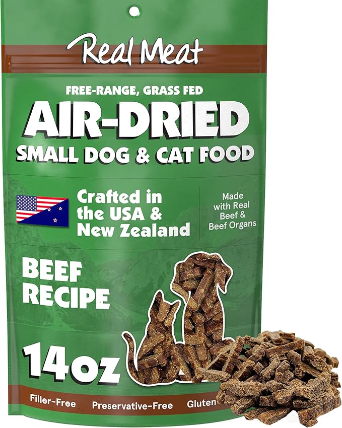 Real Meat Air Dried Cat Food & Dog Food w/Real Beef - 14oz of USA-Crafted Grain-Free Dry Dog & Cat Food Sourced from Hormone-Free, Free-Range, Grass-Fed Beef - All Natural, High Protein Pet Food