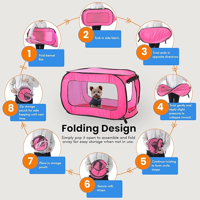 Beatrice Home Fashions Portable, Collapsible, Pop Up Kennel Travel Cat and Dog Crate, 24" L x 16.6" W x 16" H, Fuchsia