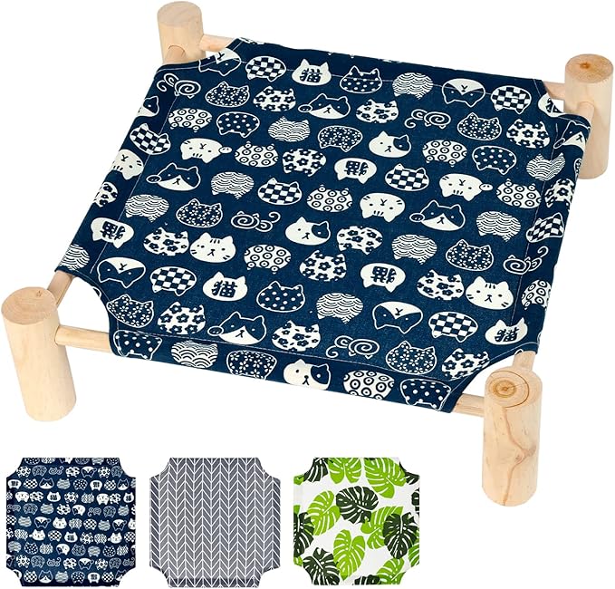 Patas Lague Cat and Dog Hammock Bed Small Dog Bed (3 Covers), Wooden Cat Elevated Cooling Outdoor Bed for All Seasons, Cat Beds for Indoor Cats,Cat Cots Pet Bed (Monstera Leaf, Arrow, Blue Cat)