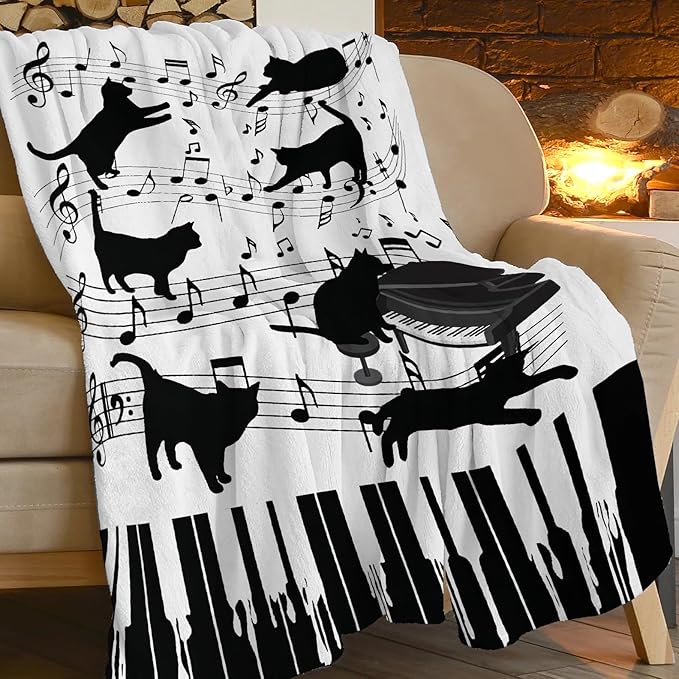 Piano Keys Cat Print Blanket Music Notes Musical Throw Blankets for Couch Sofa Bed Stuff Decor Gifts Soft Cozy Fleece Plush Warm Flannel Bedding for Lover Men Women Girls Boys Teen Adults 50"x60"