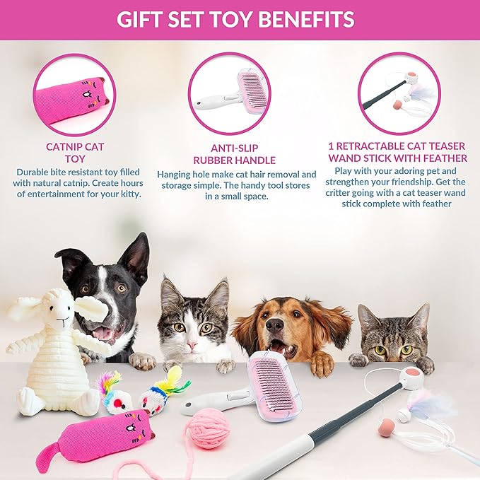 Cat Welcome Gift Set - Catnip Chew Toy, Cat Feather Mouses, Interactive String Teaser Wand, Yarn Ball, Squeaky Soft Toy, Cat Hair Brush, and Ultra Soft Blanket