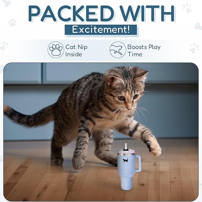 Kitty Cup Tumbler Cat Toy – Small Crinkle Catnip - Funny and Cute Kitten Toys with Cat Nip for Fun Indoor Play, Unique Kitty Birthday Gift, Aesthetic Kitten Present (Chambray Blue)