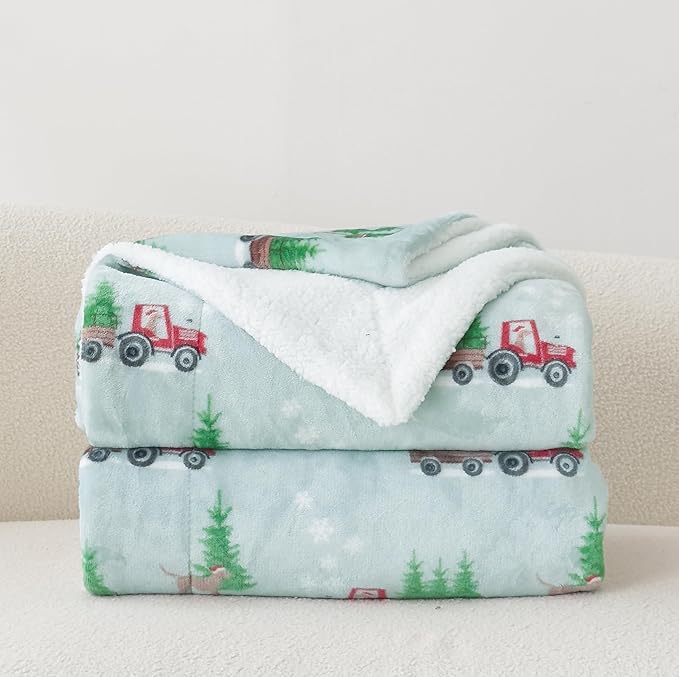 Elegant Comfort Reversible and Ultra-Plush Flannel Fleece-Winter Christmas Sherpa Throw- Lightweight Soft and Cozy-Holiday Decorative Throw, Perfect for Lounging, 50 x 60 inches, Tractor Tree