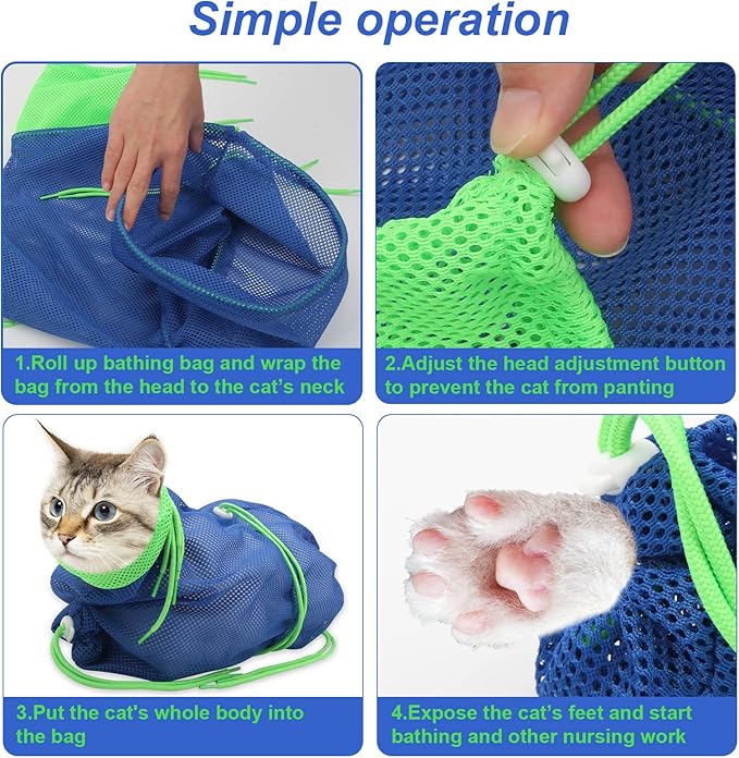 Cat Bathing Bag, Breathable Mesh Cat Shower Bag Anti Scratch Adjustable Cat Grooming Bag for Nail Trimming, Bathing Polyester Soft Cat Washing Bag (Blue-Green)