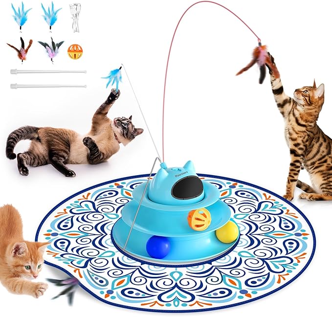 Interactive Cat Toy: 5 in 1 Automatic Cat Toy for Indoor Cats, USB Rechargeable Hide and Seek Toy with PVC Cover, Rotating Feather toys, Battery Operated Kitten Laser Toy with Multi Accessories, Blue