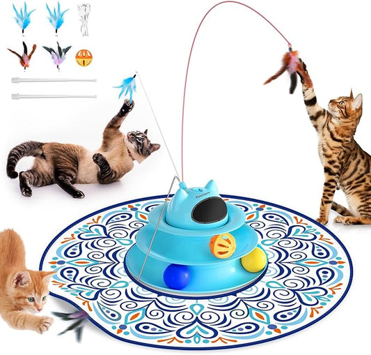 Interactive Cat Toy: 5 in 1 Automatic Cat Toy for Indoor Cats, USB Rechargeable Hide and Seek Toy with PVC Cover, Rotating Feather toys, Battery Operated Kitten Laser Toy with Multi Accessories, Blue