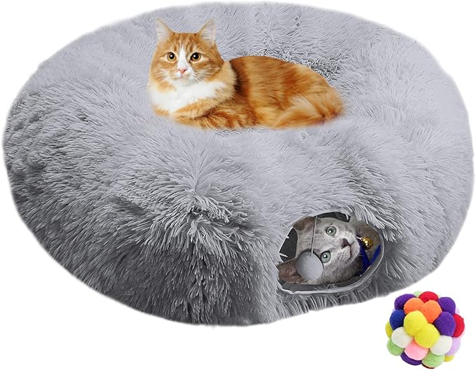 Cat Tunnel Bed with Central Mat, Soft Fluffy Plush Cat Tube Playground Toys, Collapsible Multi-Combinations Donut Circle Tunnel for Indoor Cat Kitten Kitty Puppy Rabbit Ferret (Gray)