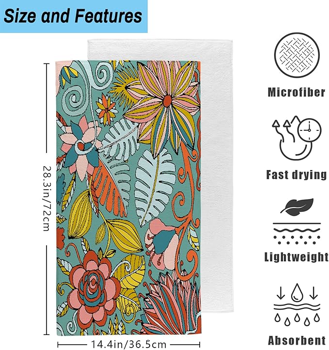 Boho Floral Tropical Leaves Bathroom Hand Towel Set of 2,Colorful Flowers Botanical Leaves Fingertip Towel Kitchen Hand Towel,Soft Absorbent Decorative Guest Towel Hand Bath Towel for Hotel Home