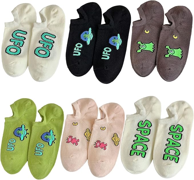 6 Pairs Alien Printed Ankle Socks Bulk, UFO socks Novelty Gifts for Girls Women