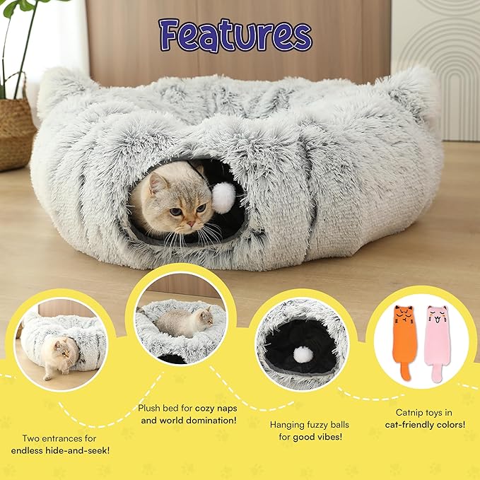 Cat Tunnel Bed with 2 Catnip Toys – Versatile Cat Tunnels for Indoor Cats, Large Cat Donut Tunnel, Cozy Cat Furniture, Peekaboo Cat Cave, Foldable Cat Tube, Cat Play Tunnel for Small Pets