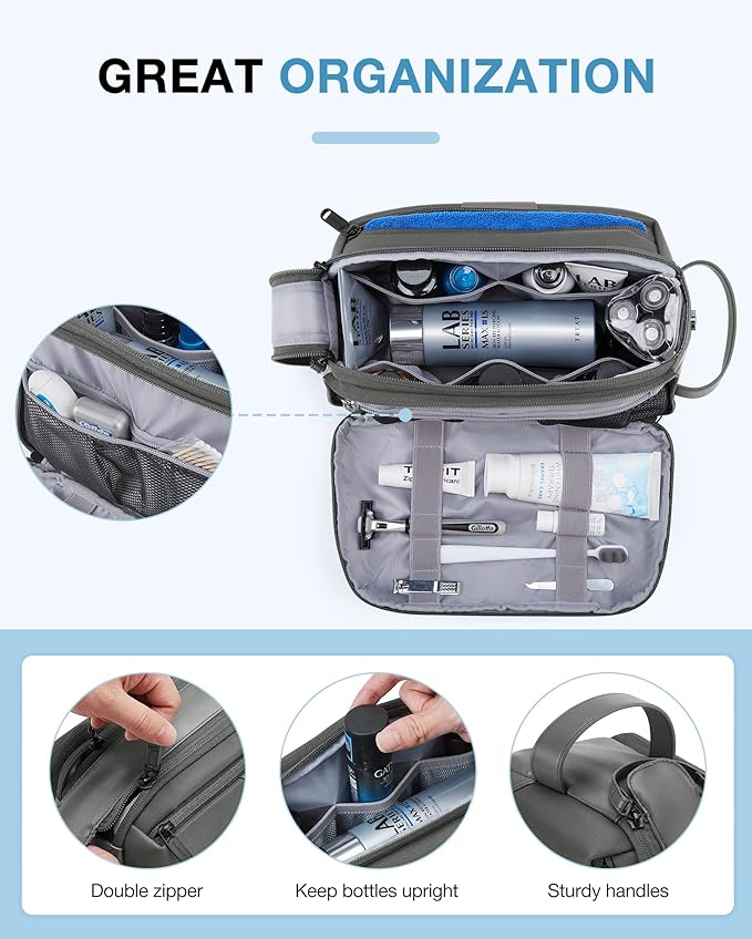 BAGSMART Toiletry Bag for Men, Large Travel Toiletry Organizer, Dopp Kit Water-resistant Shaving Bag for Toiletries Accessories - Grey