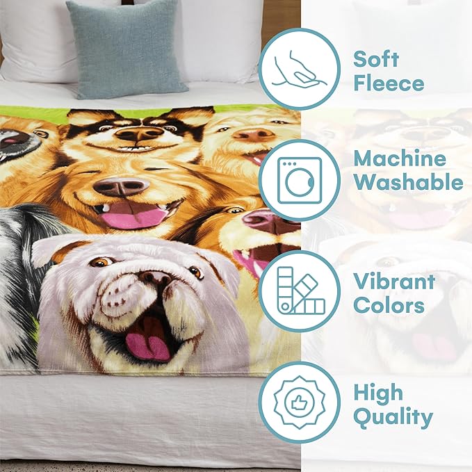 Dawhud Direct Cartoon Selfie Dog Fleece Blanket for Bed, 50" x 60" Puppy Fleece Throw Blanket for Women, Men and Kids - Super Soft Plush Dog Blanket Throw