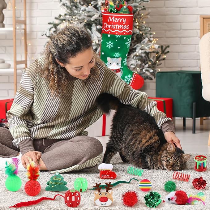 24Pcs Christmas Cat Stocking Toys Interactive Cat Toys Christmas Countdown Christmas Kitten Gift Set Christmas Hanging Stocking Xmas Cat Stocking Toy with Bibs Deer Bell Balls Xmas Tree Teaser for Cat