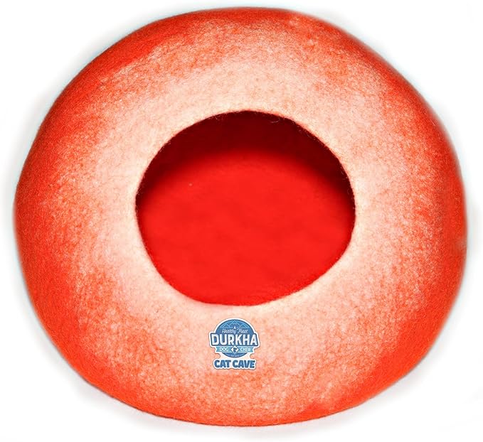 Felt Cat Cave Bed, Handmade Covered Cat Bed Cave, Wooly Cave for Cats, Dome Shaped Cat Pod, Cat Beds & Furniture, Felt Cat Beds for Indoor Cats (Orange and White)