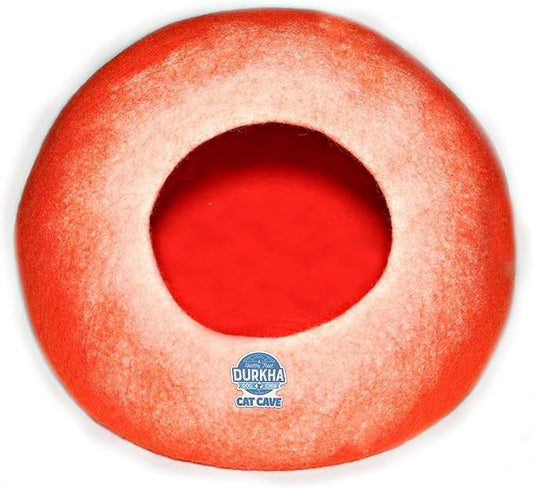 Felt Cat Cave Bed, Handmade Covered Cat Bed Cave, Wooly Cave for Cats, Dome Shaped Cat Pod, Cat Beds & Furniture, Felt Cat Beds for Indoor Cats (Orange and White)