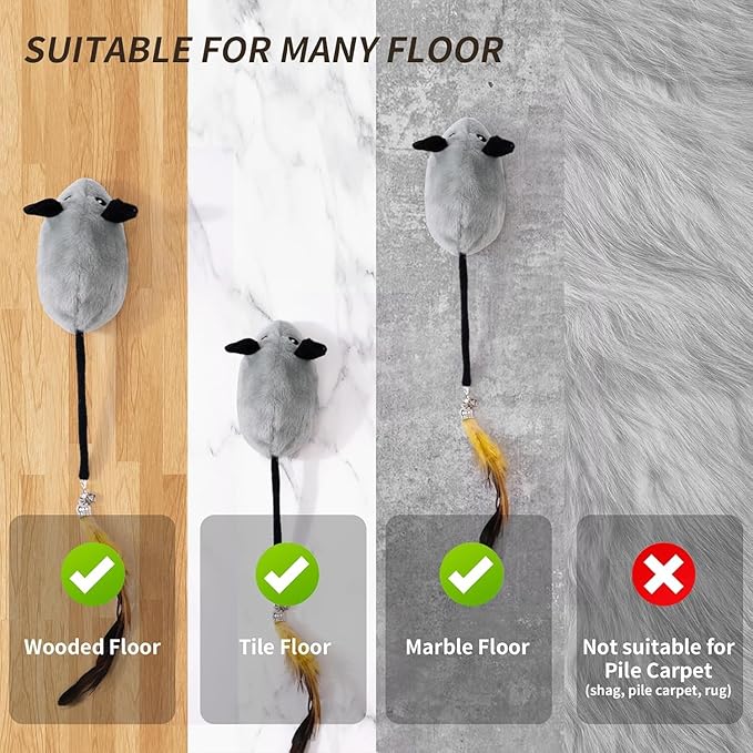 Interactive Cat Toys Mouse for Indoor Cats Rechargeable LED Cat Mouse Toy Feather Bell Tail Lifelike Electric Automatic Moving Mouse Cat Toy for All Breeds Cat Boredom Exercise-Gray