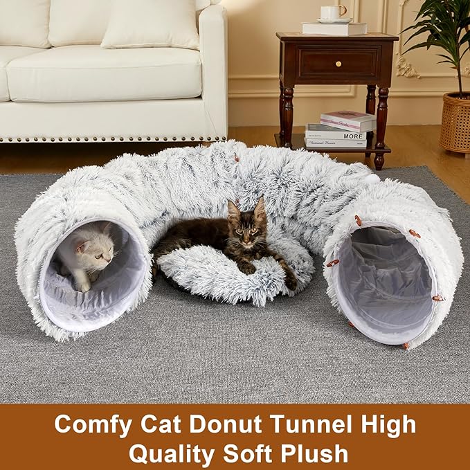 Cat Tunnel Bed for Indoor Cats Peekaboo Cat Cave Donut Tunnel for Cat with Washable Circle Cushion Interior Cat Play Tunnel (34 Inch, Grey)