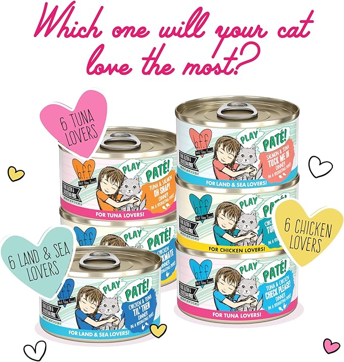 B.F.F. Play - Best Feline Friend Paté Lovers, Aw Yeah!, Swipe Right Delight Grain-Free Natural Wet Cat Food Variety Pack, 2.8oz Can (Pack of 18)