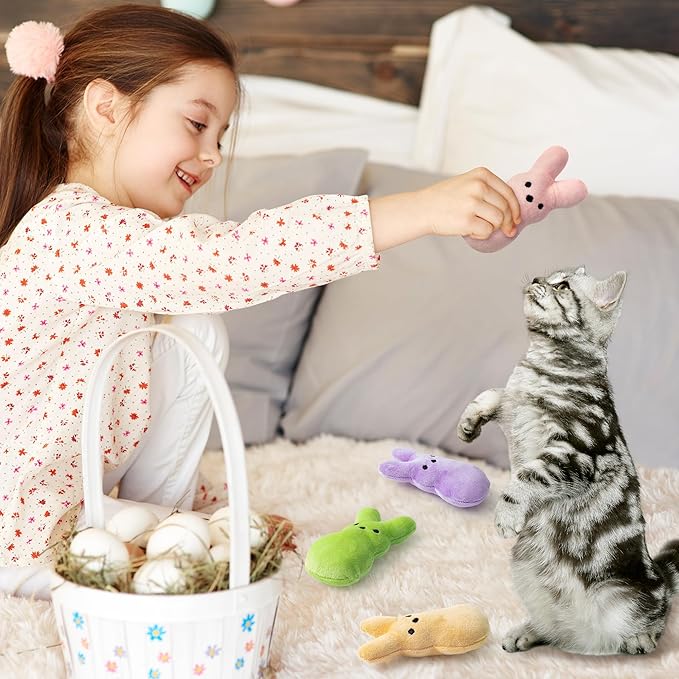MALLMALL6 5Pcs Easter Bunny Catnip Toys Gift for Cat, Indoor Cat Chew Bite Kick Plush Colorful Rabbit Peeps Catmint Pet Toys for Cat Lover Gifts, Cute Interactive Cat Toy for Pet Presents