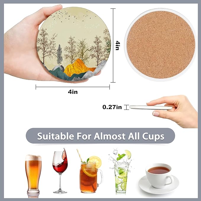6 Pcs Coasters for Drinks with Holder,Brown Trees with Golden Gray Mountains Landscape Absorbent Coaster with Cork Backing,Great Gift for Housewarming,Room Decor,Bar,Holiday Party